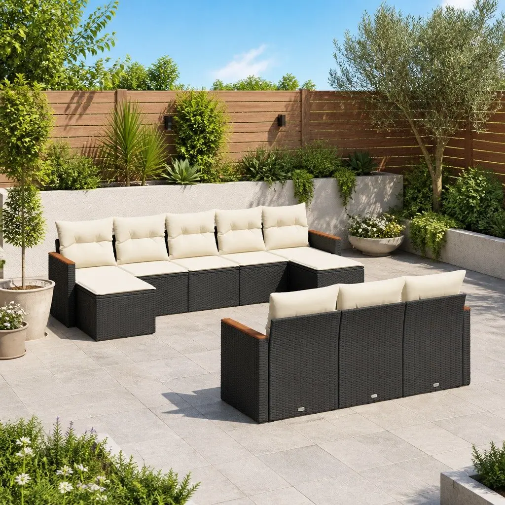 Outdoor Furniture Set 10 Piece Modular Rattan Sectional Black with Cushions and Storage Function