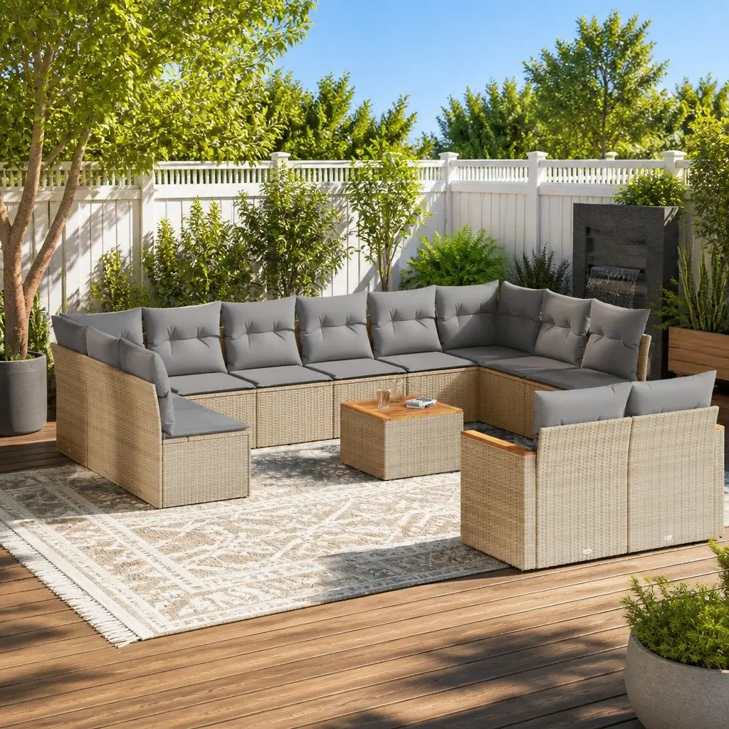 Garden Sofa Set 13 Piece Outdoor Furniture Patio Beige Poly Rattan with