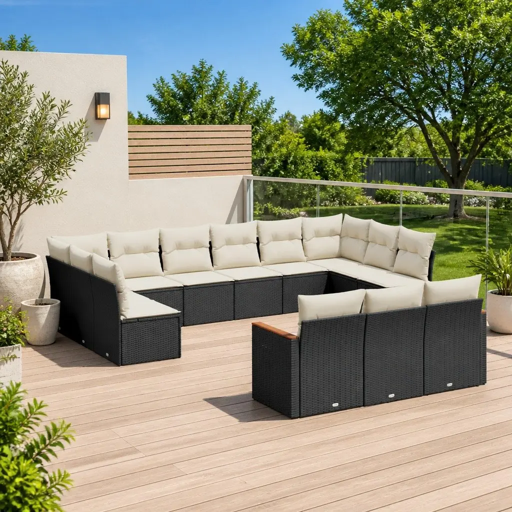 Outdoor Garden Sofa Set 13 Pieces Black Poly Rattan Patio Furniture with