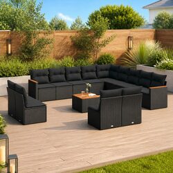 Garden Sofa Set 14 Piece Outdoor Furniture Patio Lounge Black Poly Rattan