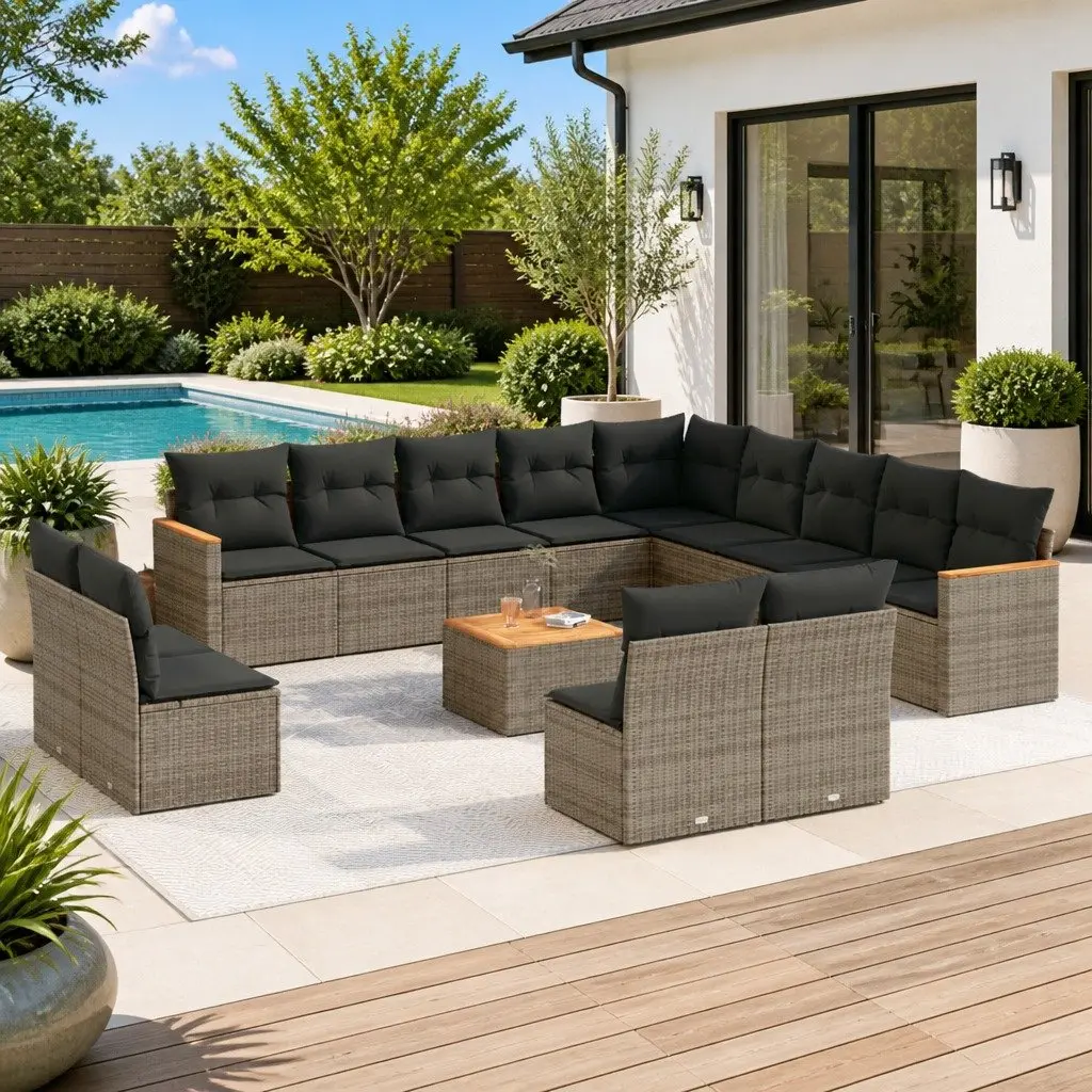 Garden Sofa Set 14 Piece Modular Outdoor Furniture PE Rattan Grey Acacia Wood