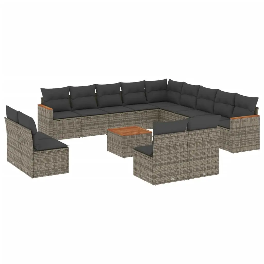Garden Sofa Set 14 Piece Modular Outdoor Furniture PE Rattan Grey Acacia Wood