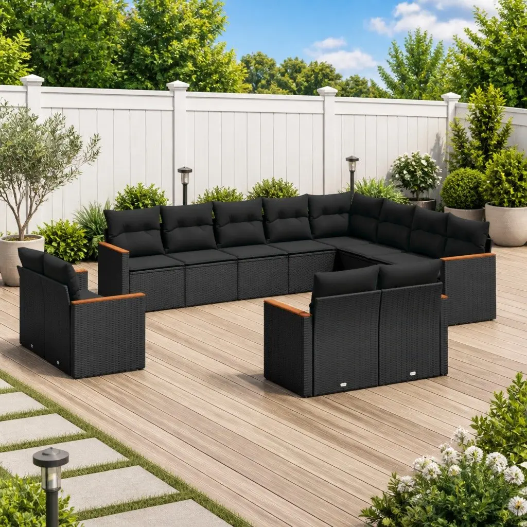 12 Piece Modular Outdoor Furniture Set Black PE Rattan Garden Sofa with Storage Function and Washable Cushion Covers
