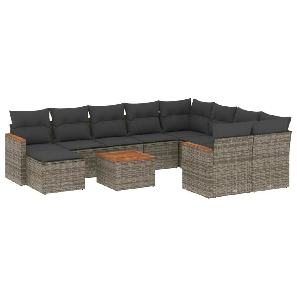 Garden Sofa Set Modular PE Rattan Frame Acacia Wood Table 11 Piece Grey Outdoor Furniture