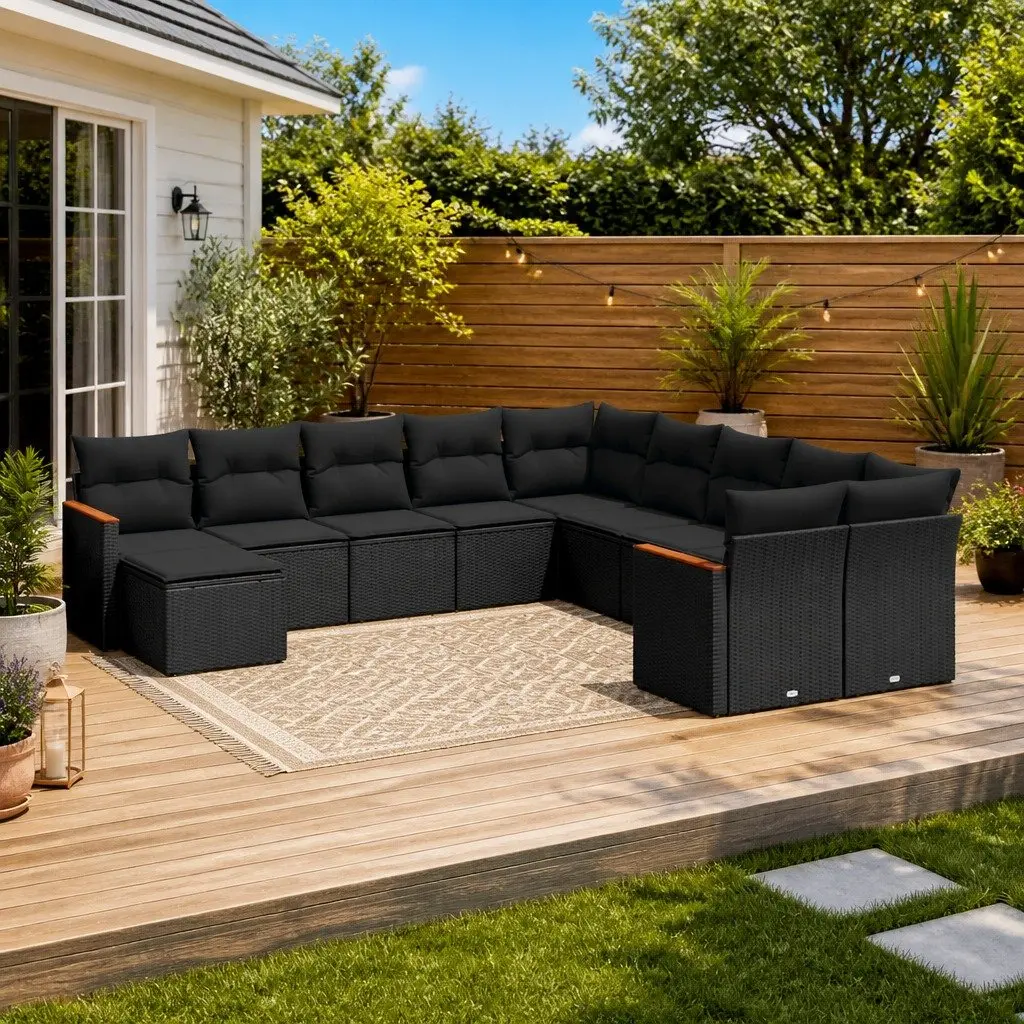 Garden Sofa Set 11 Piece Outdoor Furniture Patio Sectional with Cushions Black