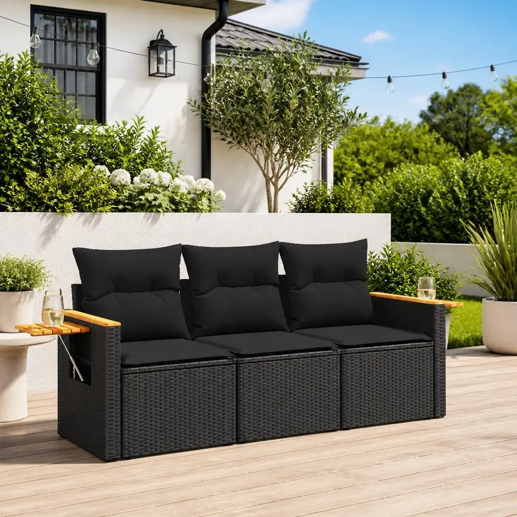 Garden Sofa Set PE Rattan 3 Piece Modular Outdoor Furniture Black with Cushions