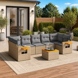 Garden Sofa Set 8 Piece Outdoor Furniture Beige Poly Rattan Patio Modular