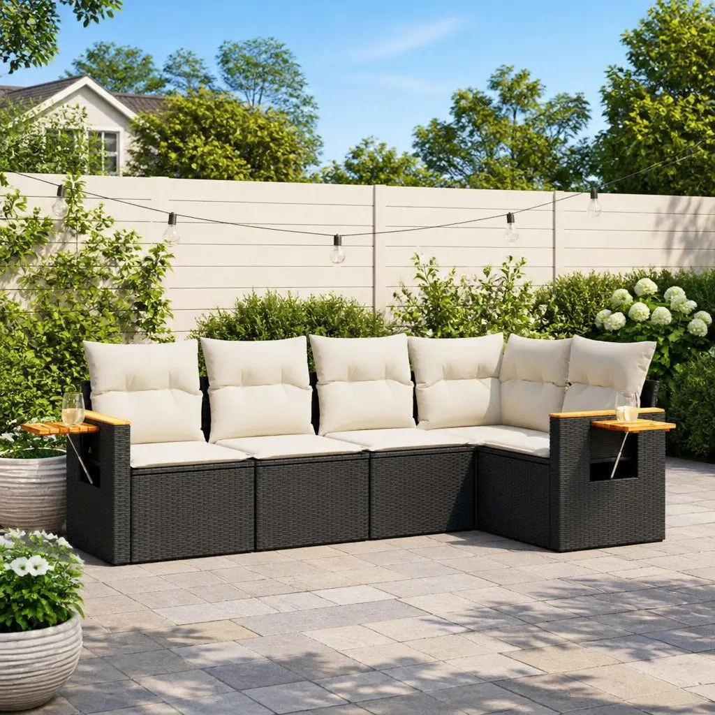 Garden Sofa Set 5 Piece Outdoor Furniture Black Poly Rattan with Cushions