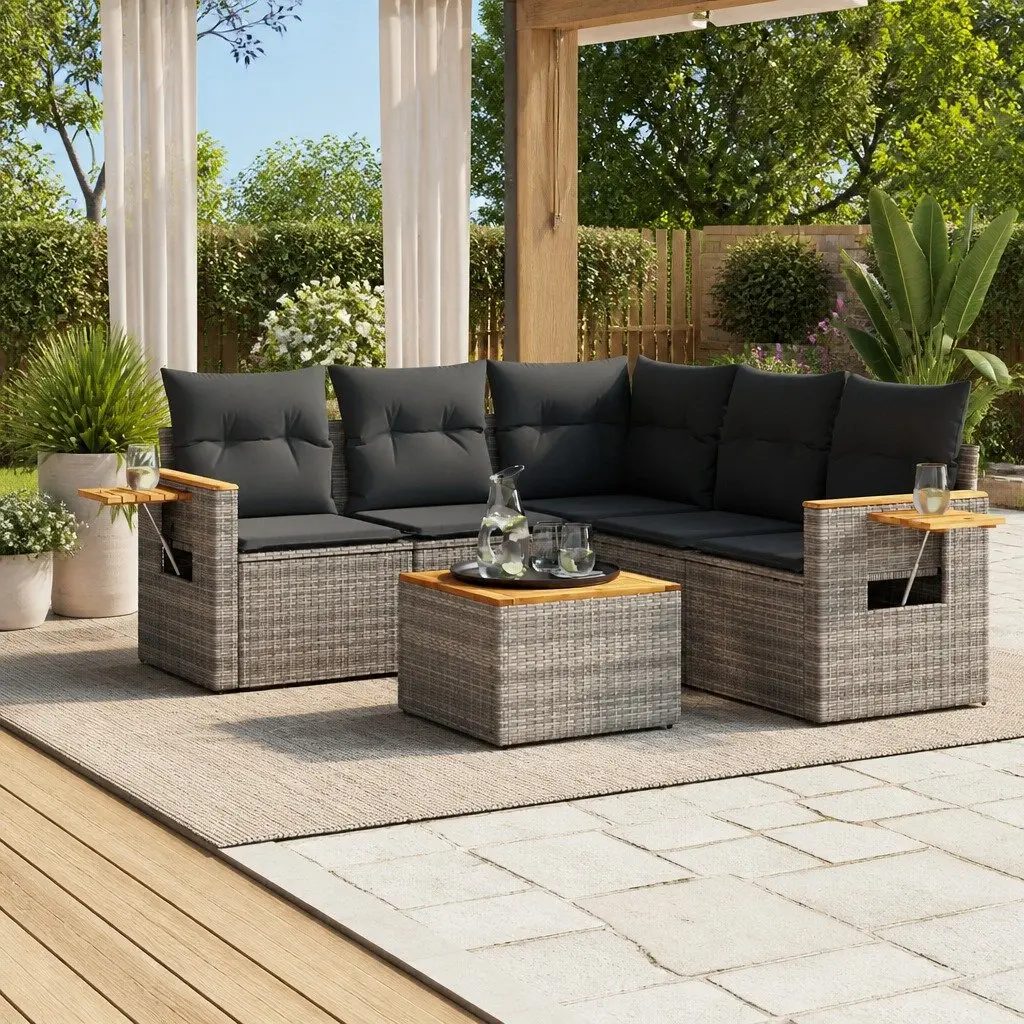 Outdoor Sofa Set 6 Piece Modular Grey PE Rattan with Cushions and Underseat Storage