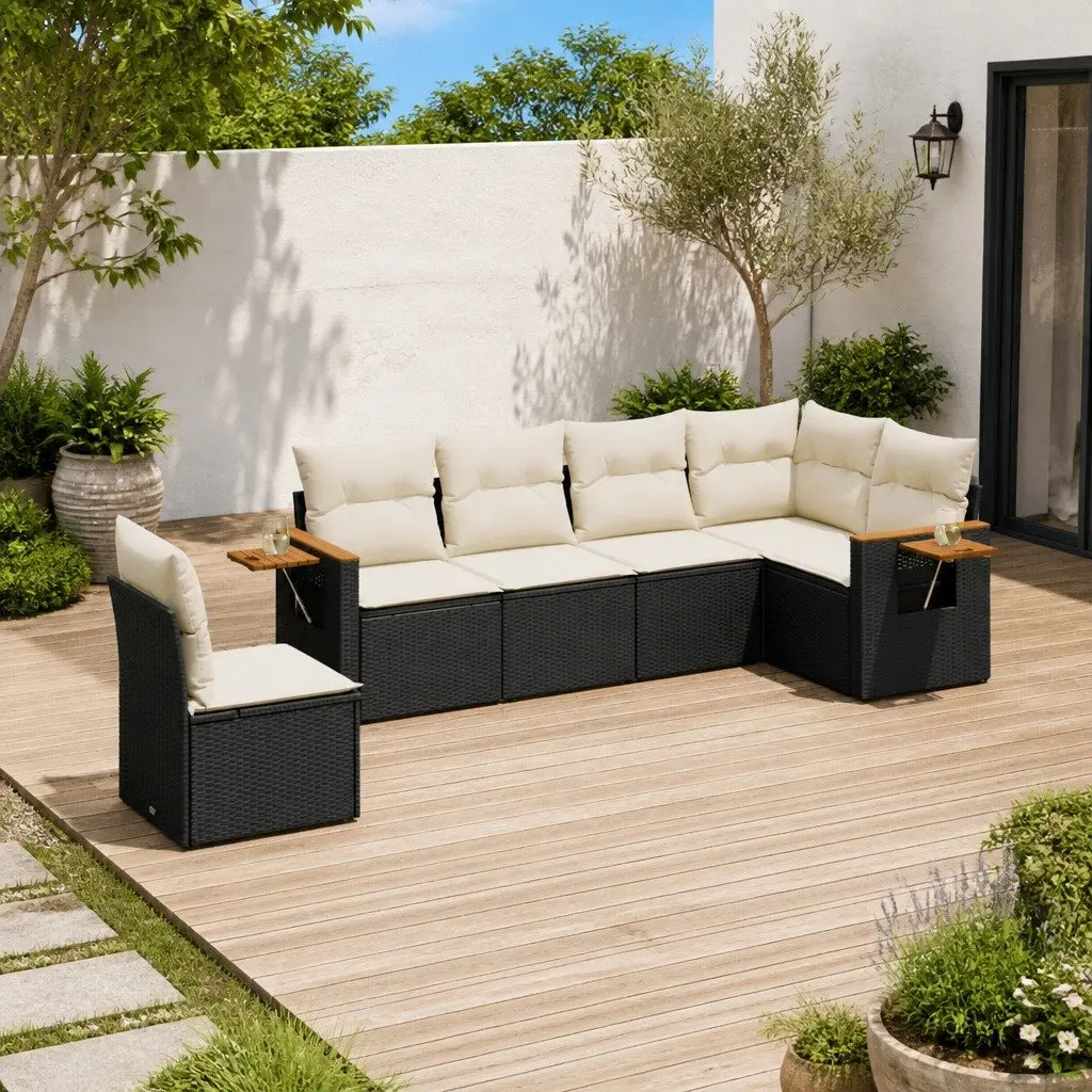 Garden Sofa Set PE Rattan Modular 6 Piece Black with Cushions and Storage