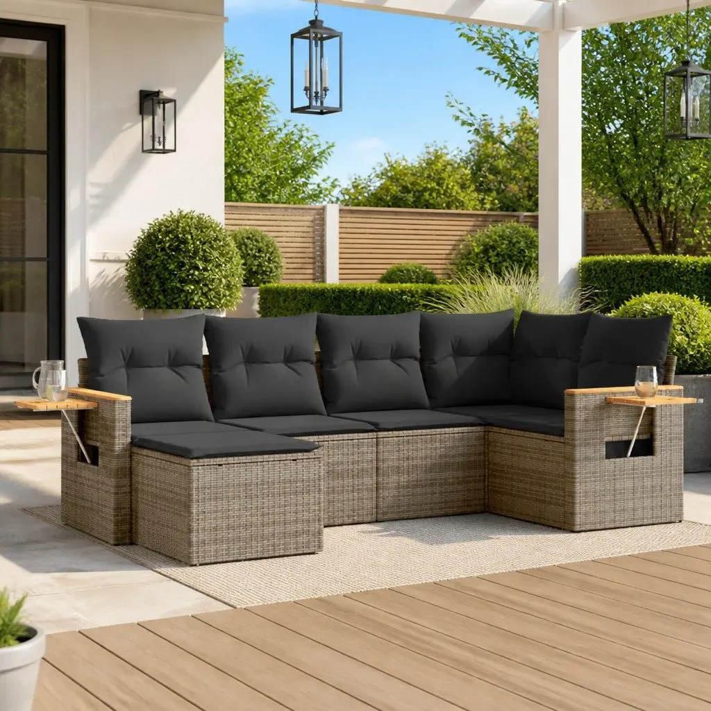 Garden Sofa Set Grey PE Rattan 6 Piece Outdoor Furniture Patio Lounge