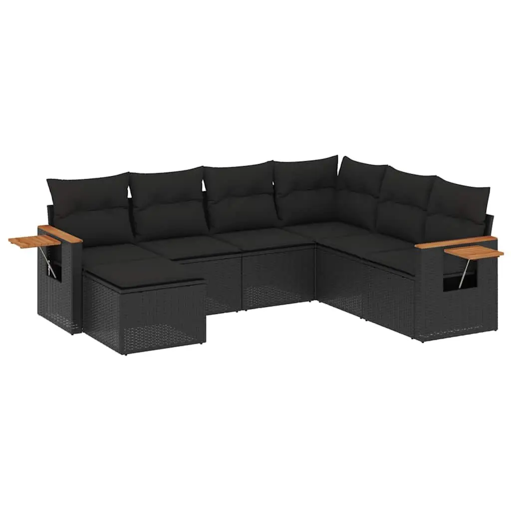 7 Piece Garden Sofa Set PE Rattan Black with Cushions Outdoor Patio Furniture