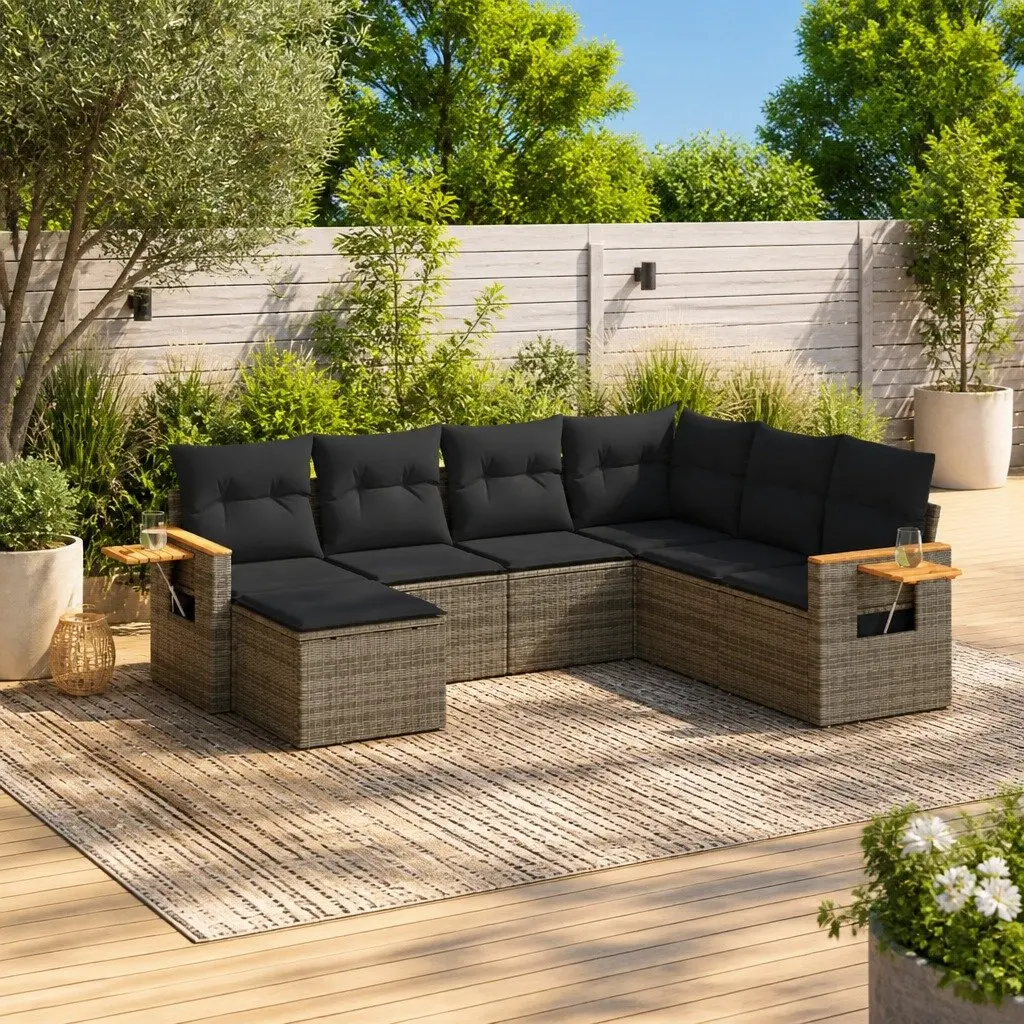 Garden Sofa Set Grey PE Rattan 7 Piece Modular Outdoor Furniture