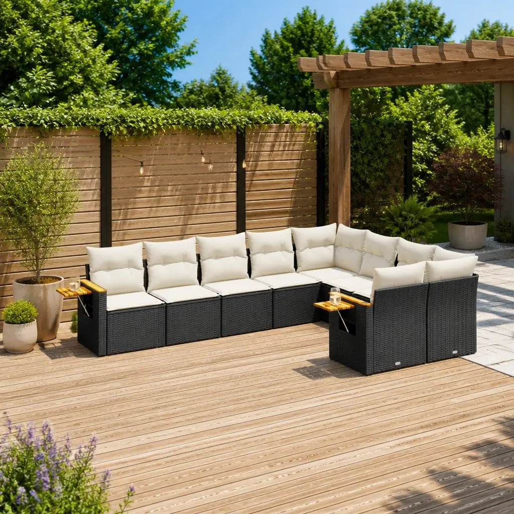 9 Piece Garden Sofa Set PE Rattan Black with Cushions