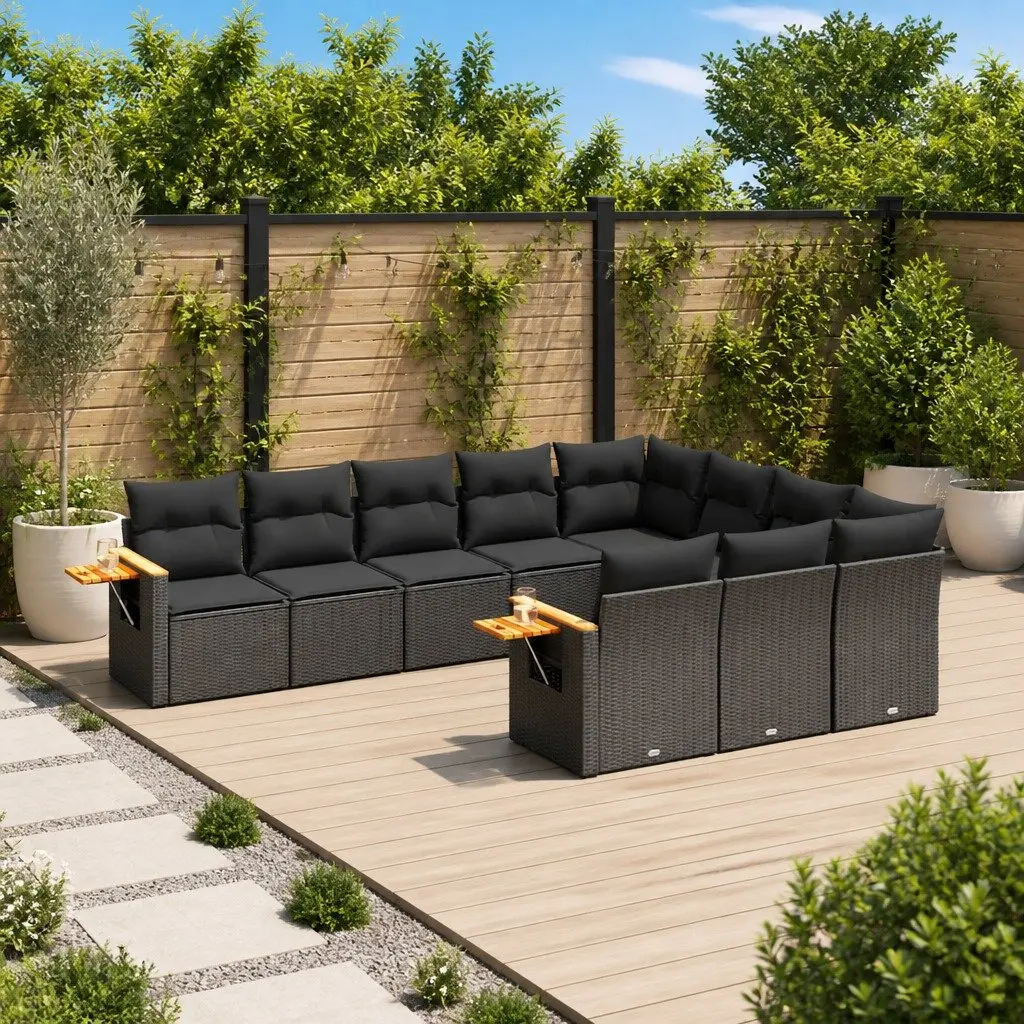 Modular Garden Sofa Set Black PE Rattan 10 Piece Outdoor Patio Furniture with Storage and Removable Cushion Covers
