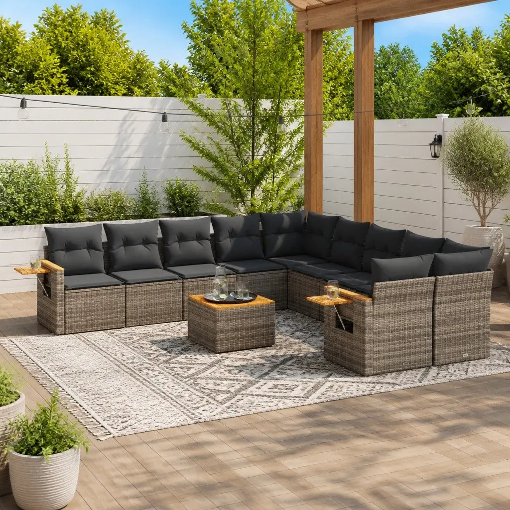 11 Piece Garden Sofa Set Modular PE Poly Rattan Grey with Storage Cushions
