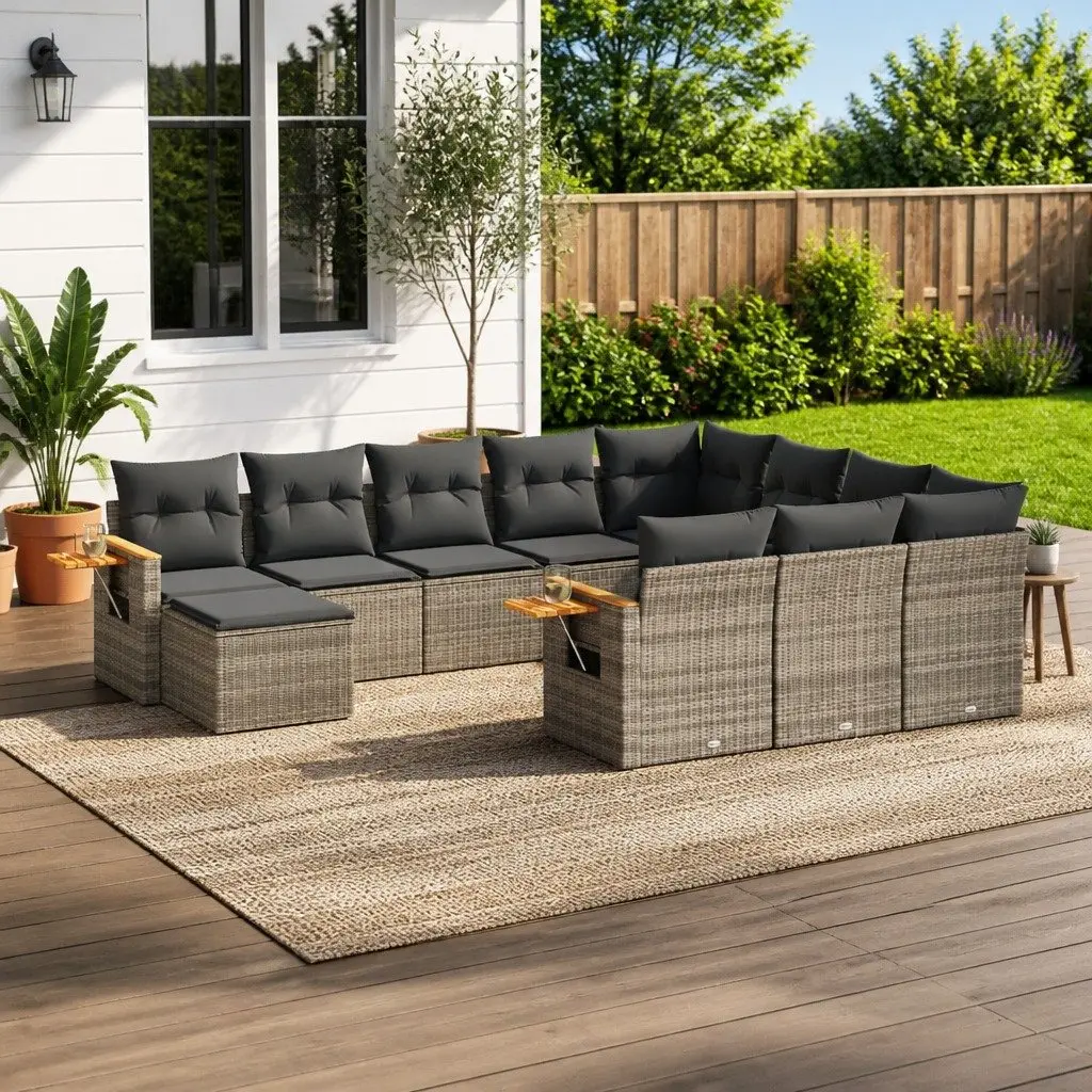 11 Piece Outdoor Garden Sofa Set PE Rattan Grey Patio Furniture with Cushions