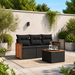 4 Piece Garden Sofa Set Black Poly Rattan Outdoor Furniture Patio Cushions