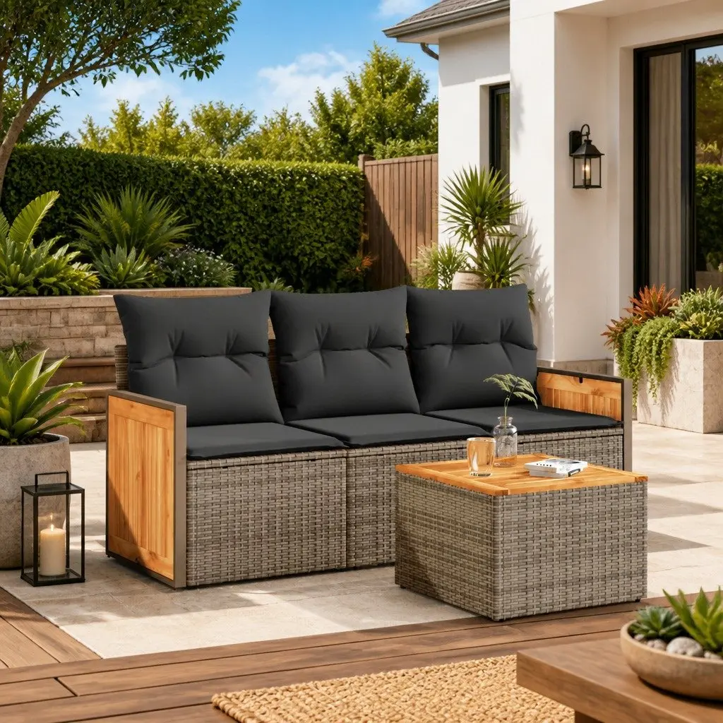4 Piece Garden Sofa Set PE Rattan Acacia Wood Grey Outdoor Patio Furniture