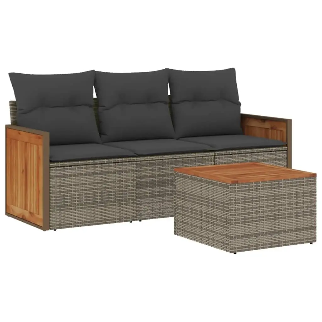 4 Piece Garden Sofa Set PE Rattan Acacia Wood Grey Outdoor Patio Furniture