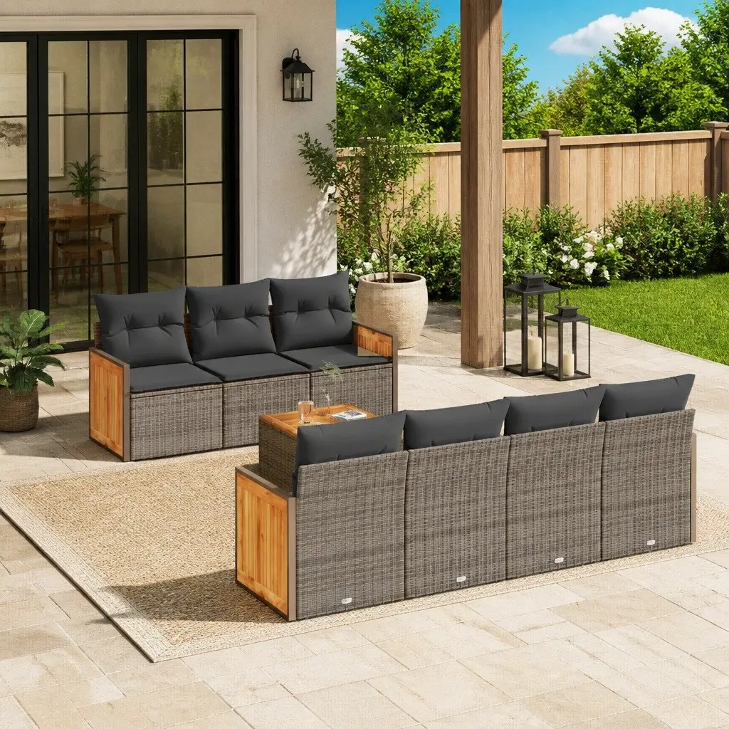 Garden Sofa Set Modular 8 Piece PE Rattan Grey Outdoor Furniture with Acacia Wood Table Top