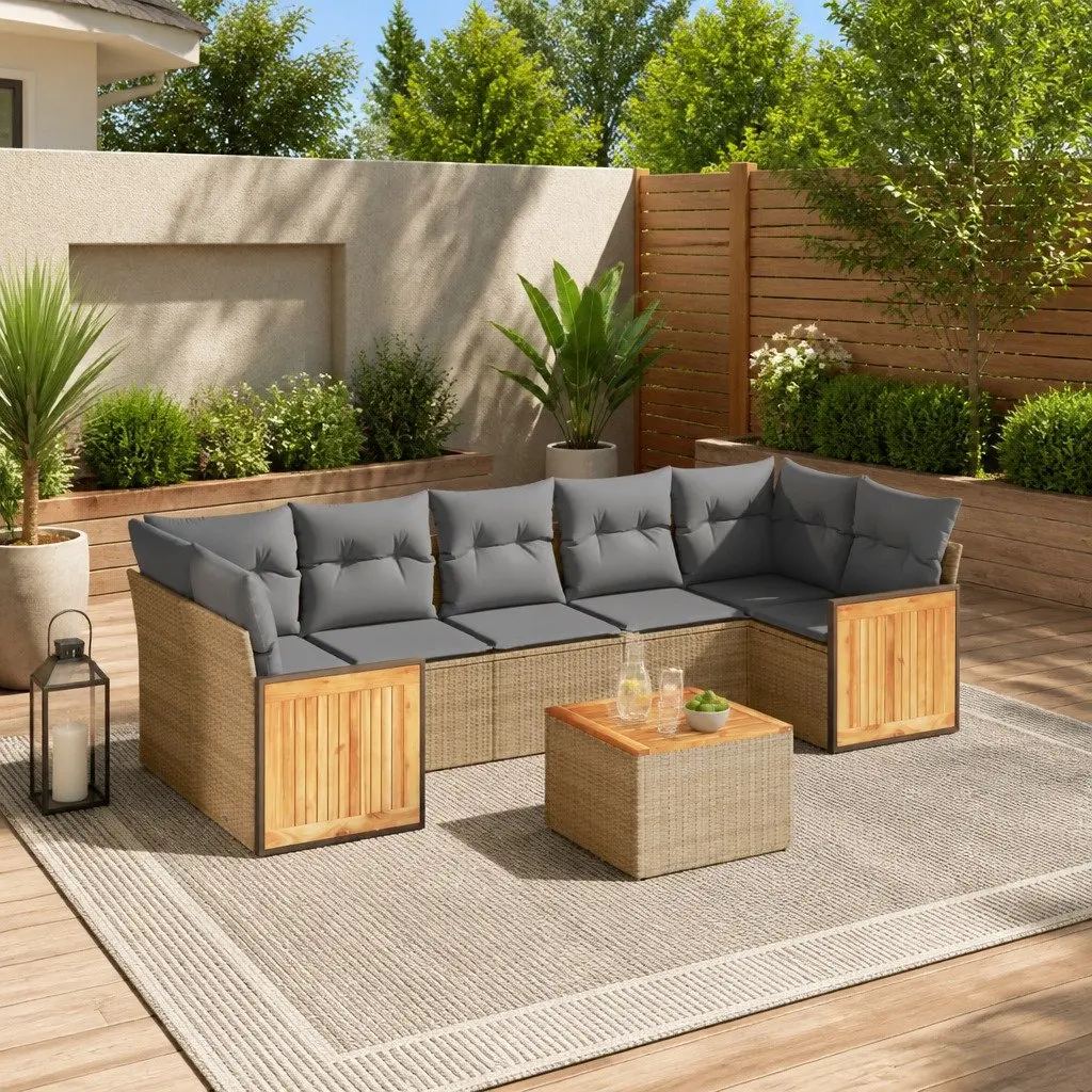 Garden Sofa Set 8 Piece Outdoor Furniture Beige Poly Rattan Patio with Cushions