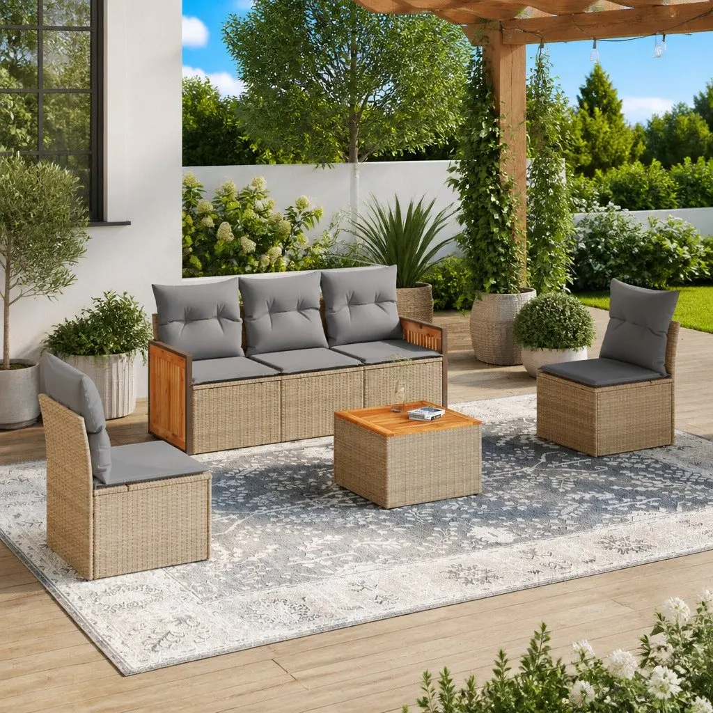 Garden Sofa Set 6 Piece PE Rattan Modular Outdoor Furniture Beige Acacia Wood Tabletop