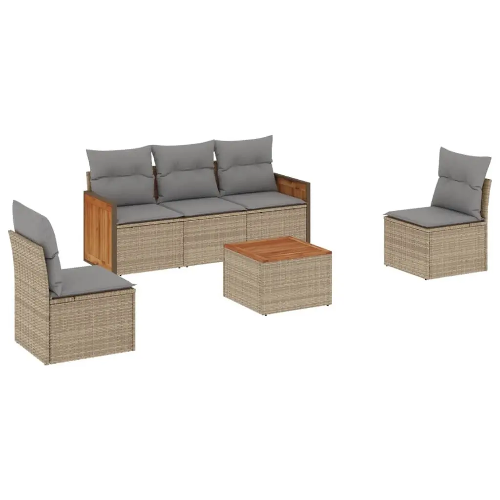 Garden Sofa Set 6 Piece PE Rattan Modular Outdoor Furniture Beige Acacia Wood Tabletop