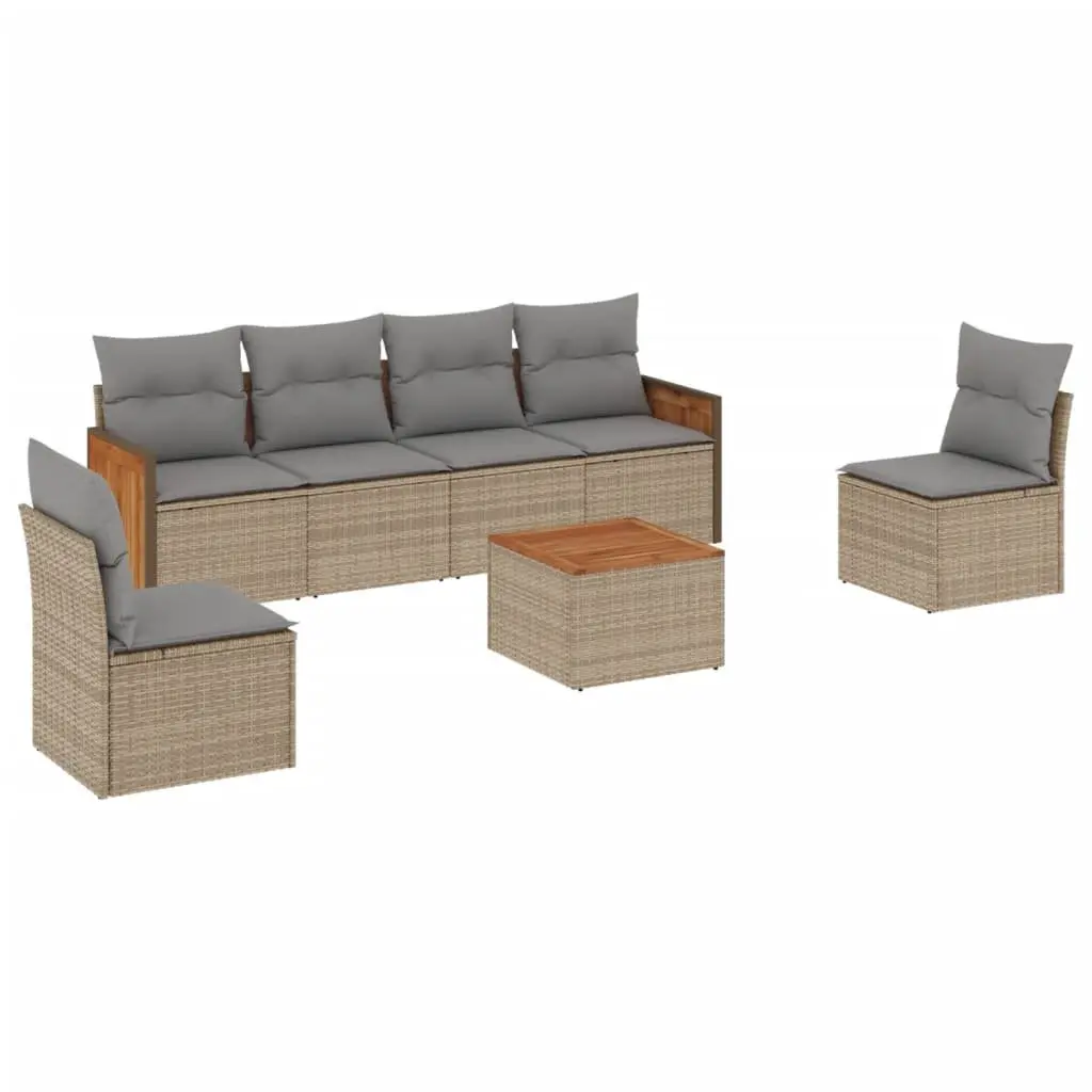 7 Piece Garden Sofa Set PE Rattan Beige Outdoor Patio Furniture with Cushions Acacia Wood Tabletop
