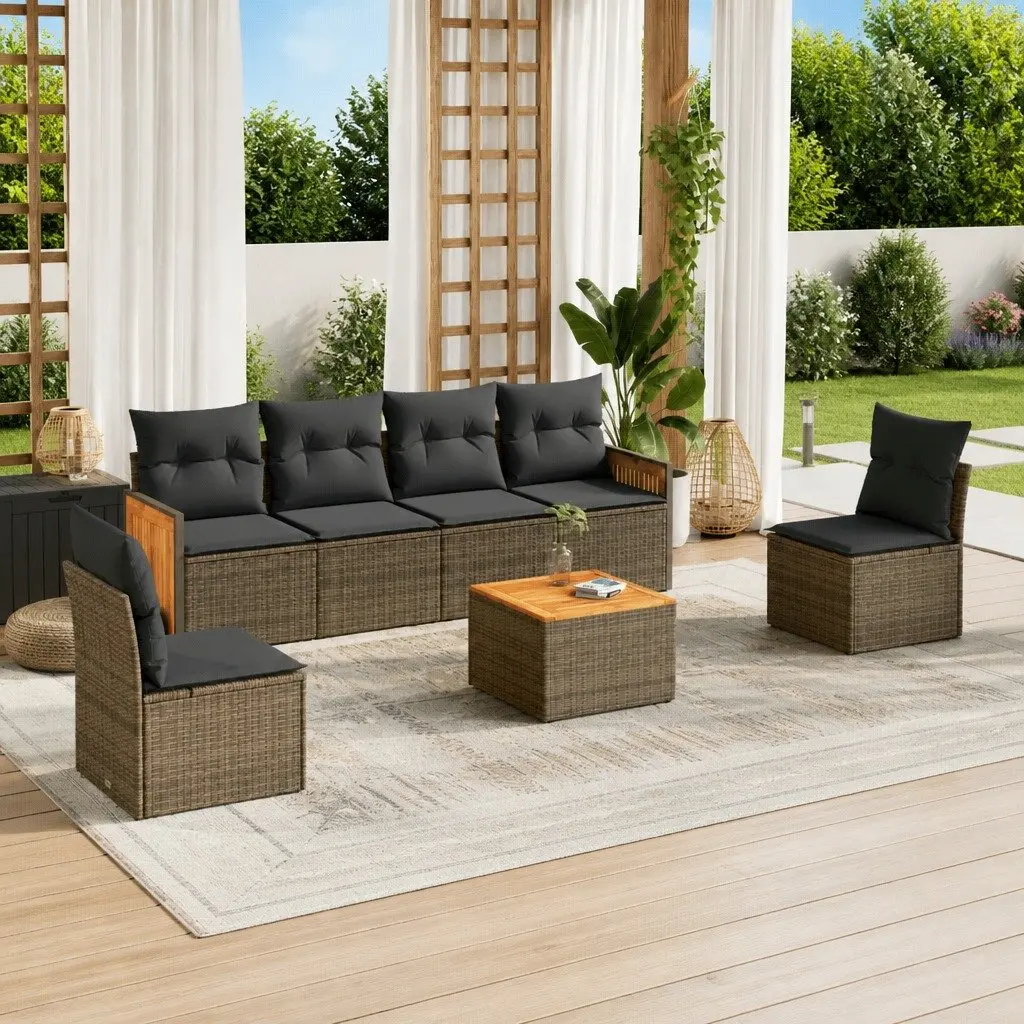 Garden Sofa Set 7 Piece Modular Outdoor Furniture Grey PE Rattan with Acacia Wood Tabletop