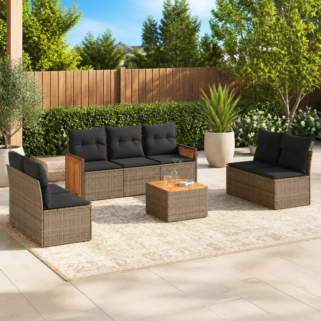 Garden Sofa Set Grey PE Rattan 8 Piece Outdoor Furniture with Acacia Wood Table Top