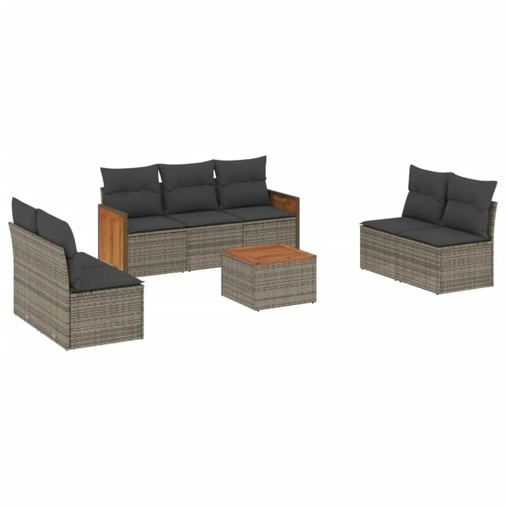 Garden Sofa Set Grey PE Rattan 8 Piece Outdoor Furniture with Acacia Wood Table Top