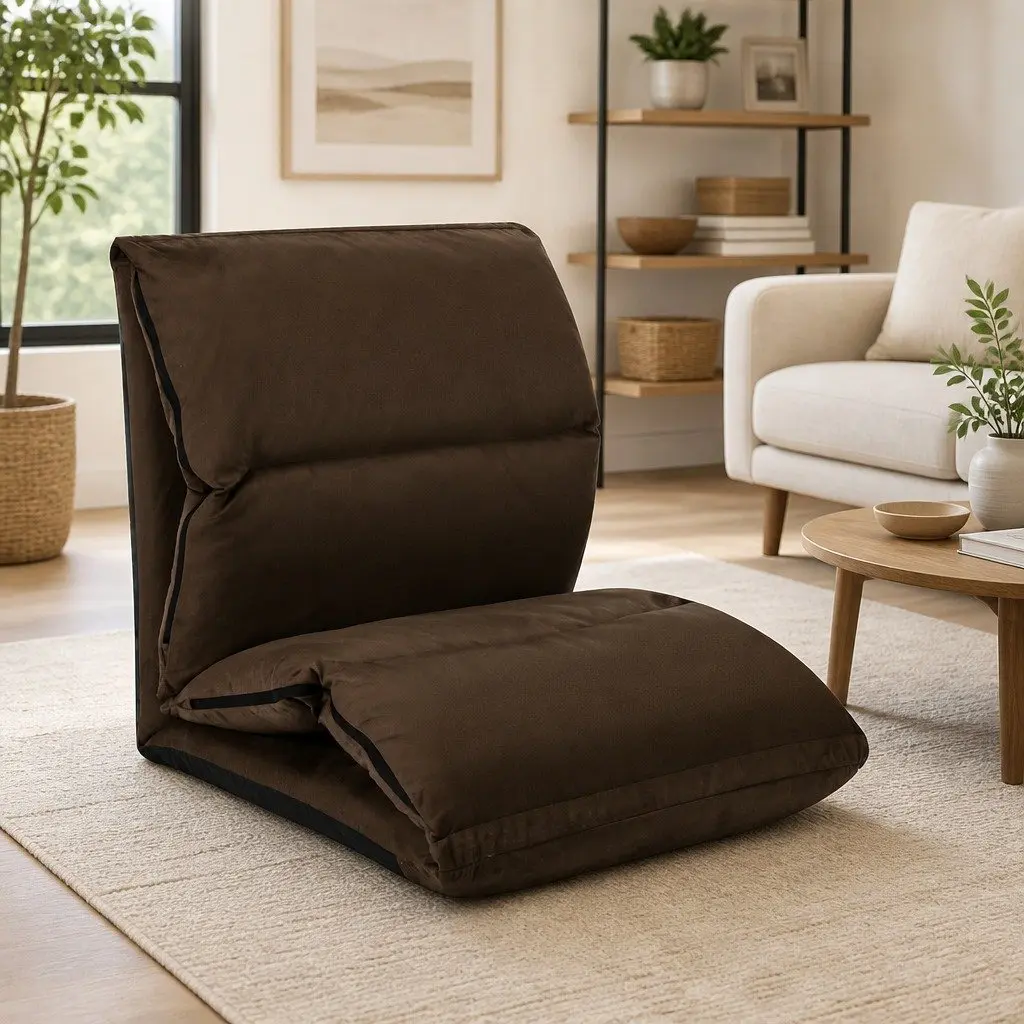 Folding Floor Chair Microfibre Adjustable Compact Brown
