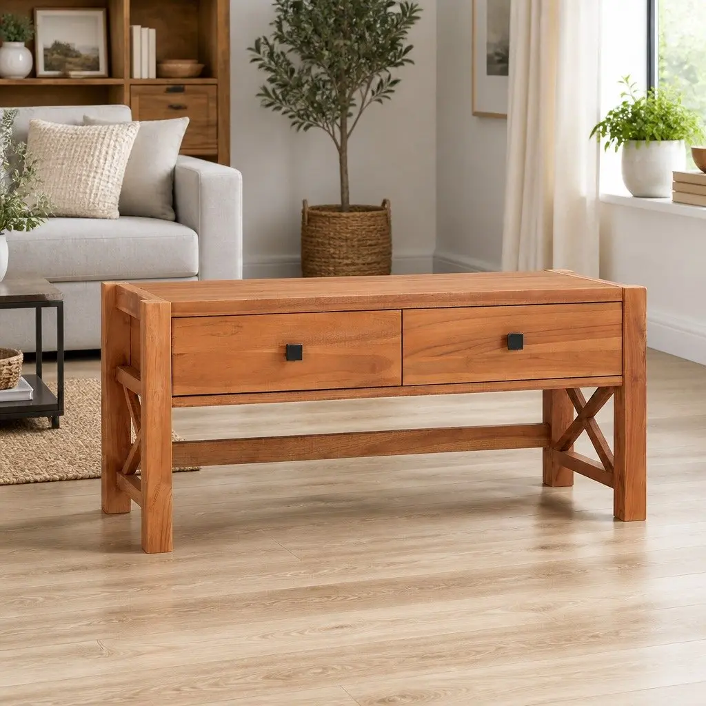 TV Cabinet 100x40x45 cm Teak Wood Storage Unit with Drawers Living Room