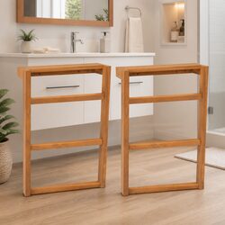 Towel Rack Solid Teak Wood Bathroom Holder Storage Rustic Design 2 Pack Set