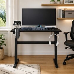 Gaming Desk LED RGB Black Z Shape Legs Computer Workstation Ergonomic Design