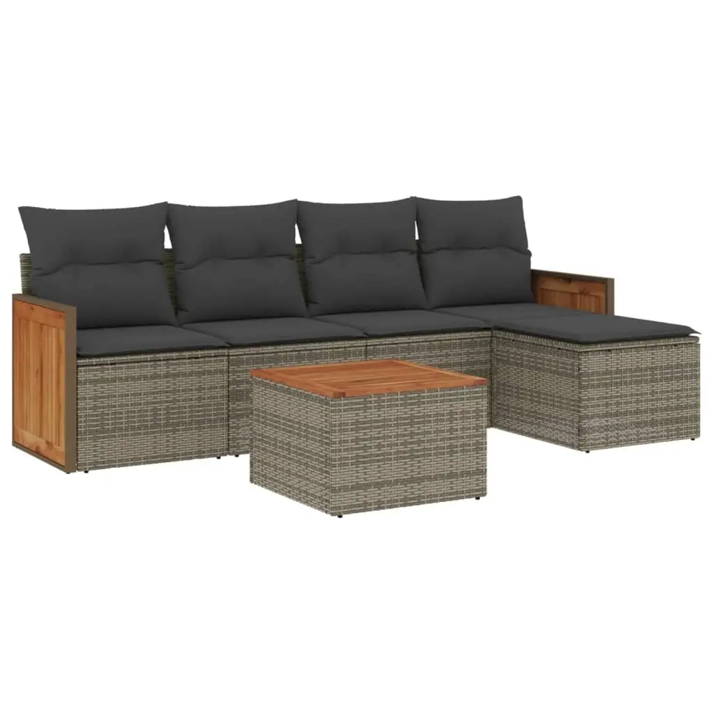 Garden Sofa Set Modular PE Rattan 6 Piece Outdoor Furniture Grey with Acacia Wood Tabletop