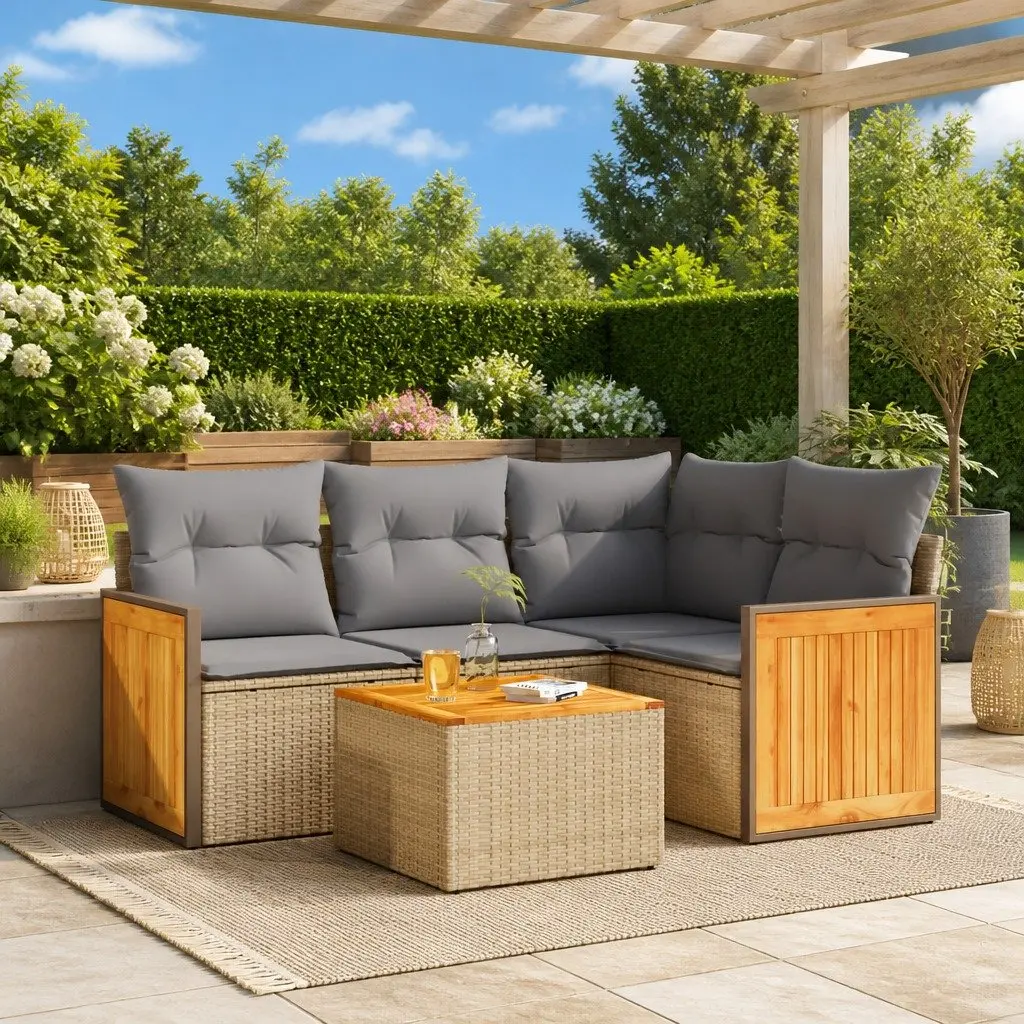 5 Piece Garden Sofa Set PE Rattan Modular Outdoor Patio Furniture Beige with Cushions