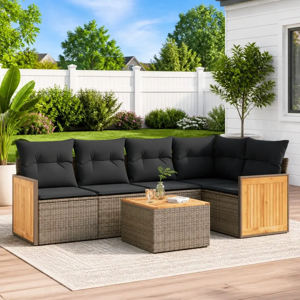 Garden Sofa Set Grey PE Rattan 6 Piece Outdoor Furniture Patio Sectional with Acacia Wood Tabletop