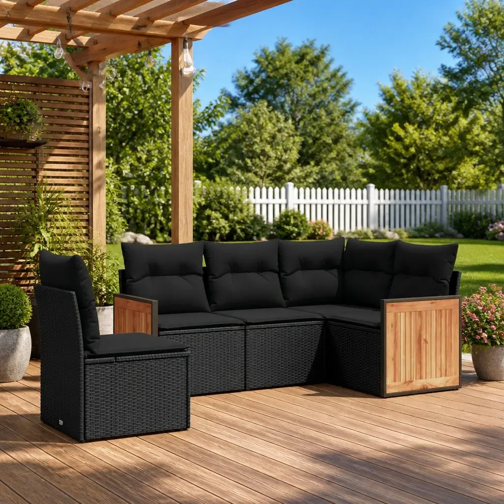 5 Piece Garden Sofa Set PE Rattan Black Outdoor Furniture with Cushions