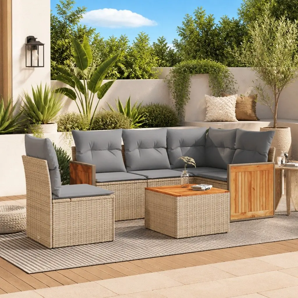 6 Piece Modular Outdoor Sofa Set PE Rattan Beige with Cushions and Storage Acacia Wood Tabletop