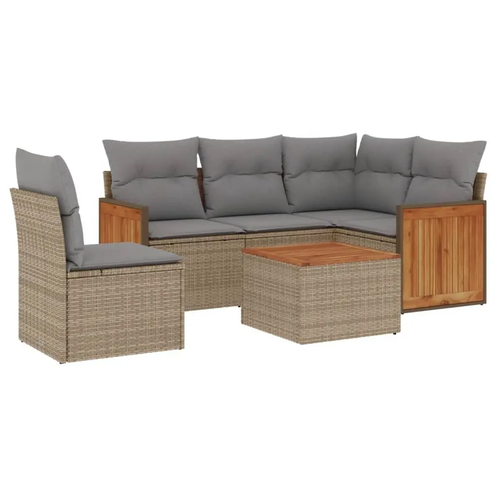 6 Piece Modular Outdoor Sofa Set PE Rattan Beige with Cushions and Storage Acacia Wood Tabletop