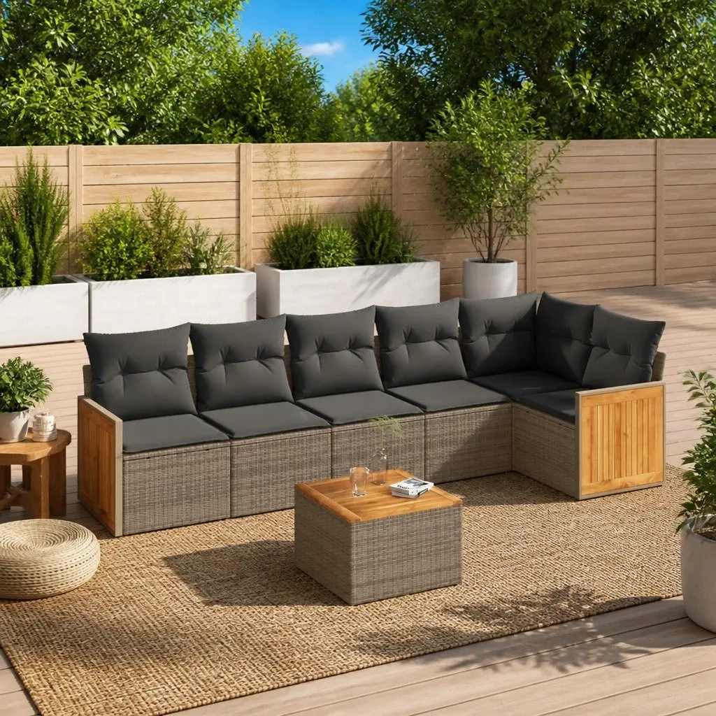 7 Piece Outdoor Garden Sofa Set Grey Poly Rattan Patio Furniture with Cushions