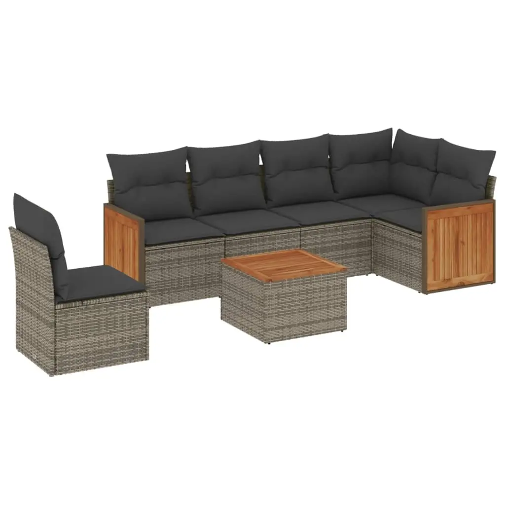Garden Sofa Set 7 Piece Modular Grey PE Rattan Outdoor Furniture with Acacia Wood Table Top