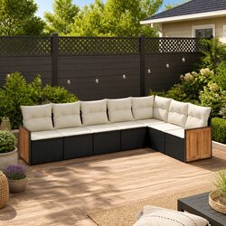 7 Piece Garden Sofa Set with Storage Cushions Black Poly Rattan Outdoor