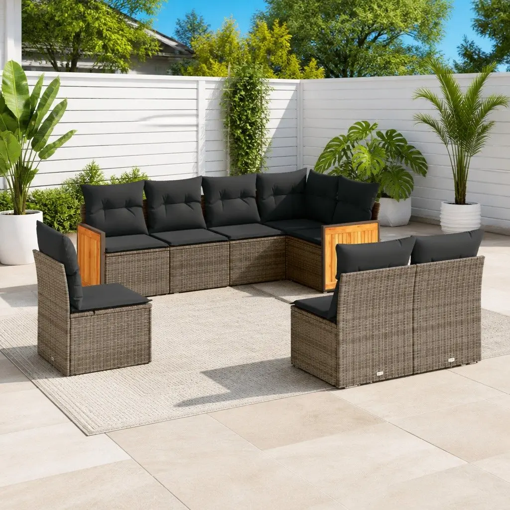 8 Piece Modular Garden Sofa Set Grey PE Rattan Outdoor Furniture with Storage Function