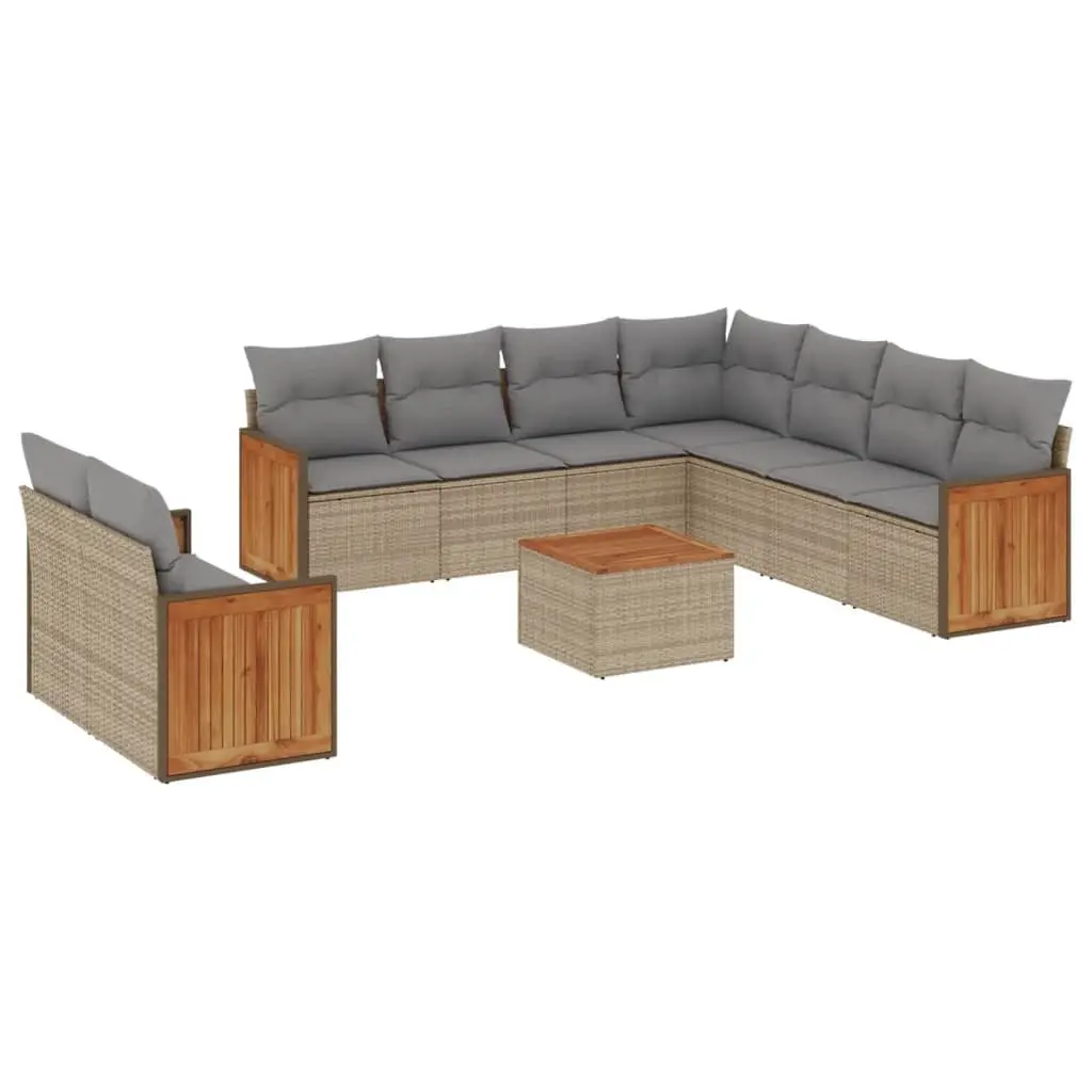 Garden Sofa Set 10 Piece Modular Outdoor Furniture Beige PE Rattan Acacia Wood