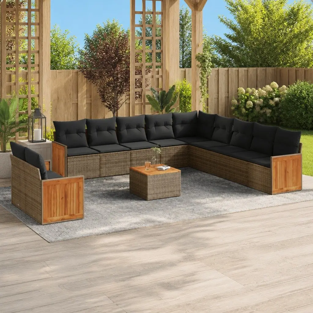 Garden Sofa Set 12 Piece Modular Grey PE Rattan Outdoor Furniture with Acacia Wood Tabletop