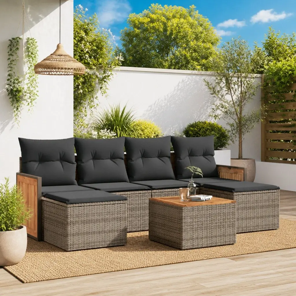 7 Piece Outdoor Garden Sofa Set Grey PE Rattan Modular Furniture with Acacia Wood Table and Cushions
