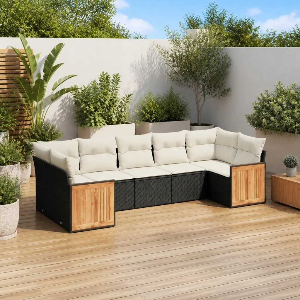 Garden Sofa Set Modular PE Rattan 7 Piece Outdoor Furniture Black with Cushions